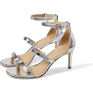 Michael Kors Women‎ Koda Leather Logo Strappy High Heel Sandals Size 7M Silver